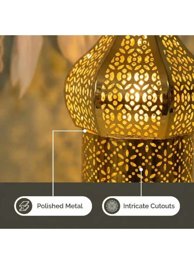 فانوس رمضان وعيد LED مفرغ - إضاءة زخرفية مغربية من الحديد المفرغ تعمل بالبطارية للمنزل، المكتب، غرفة النوم، غرفة المعيشة، للزينة والهدية (ذهبي - حجم متوسط) - Image 5